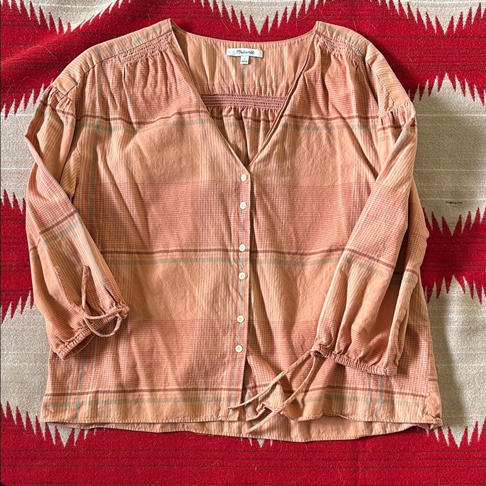 Women's Madewell 3/4 length sleeve Peach Plaid Top